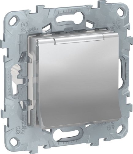 Розетка с заземлением без рамки Schneider Electric Unica New 1-м. крышка шторки IP40 алюминий картинка